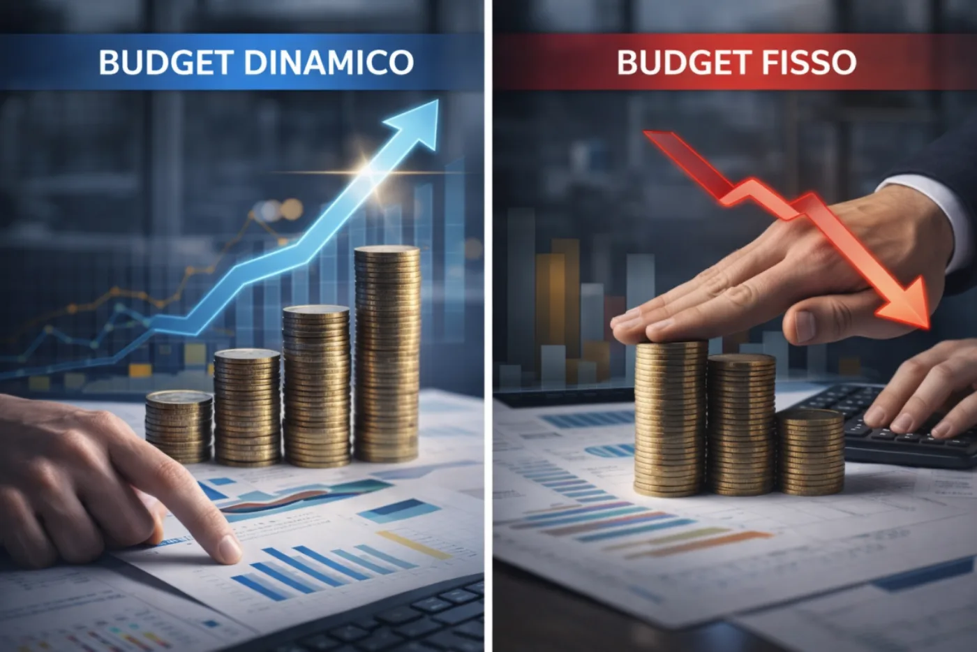 confronto tra budget dinamico e budget fisso con crescita e calo performance