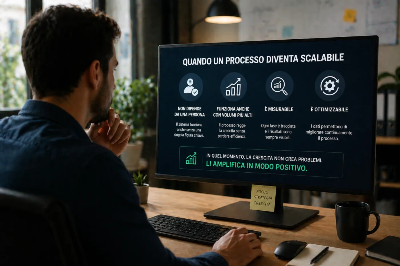 uomo analizza processo commerciale scalabile su monitor con dati e crescita