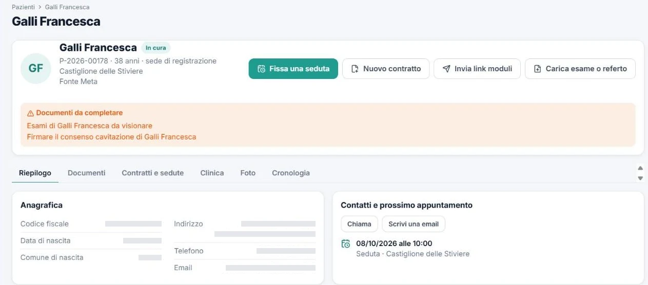 Sfera Clinic: la scheda del paziente con documenti da completare, anagrafica e prossimo appuntamento